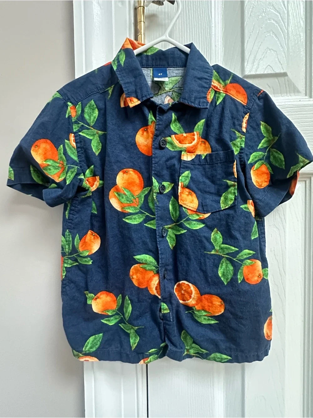 Old Navy Navy Short Sleeve Shirt with Orange & Green Citrus Print